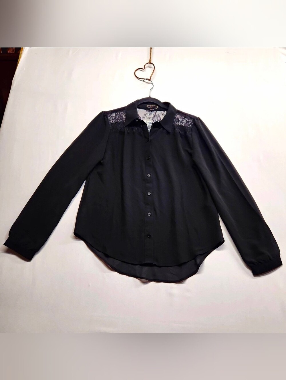 ⭐️NWOT Pearl Black Eyelash Lace Panel Sheer Yoke Boho Gothic Blouse Small